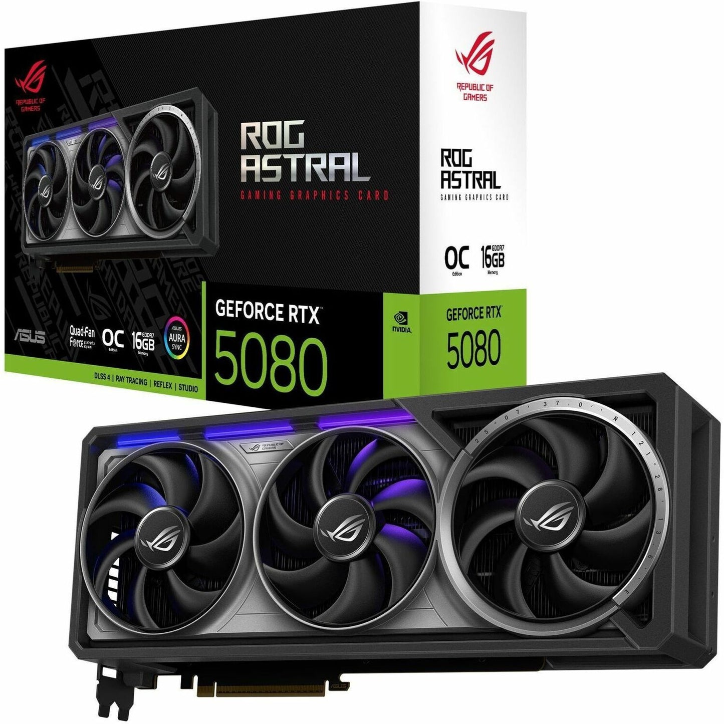 Gaming graphics card with triple fans, black shroud, and purple LED light bar