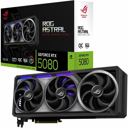 Gaming graphics card with triple fans, black shroud, and purple LED light bar
