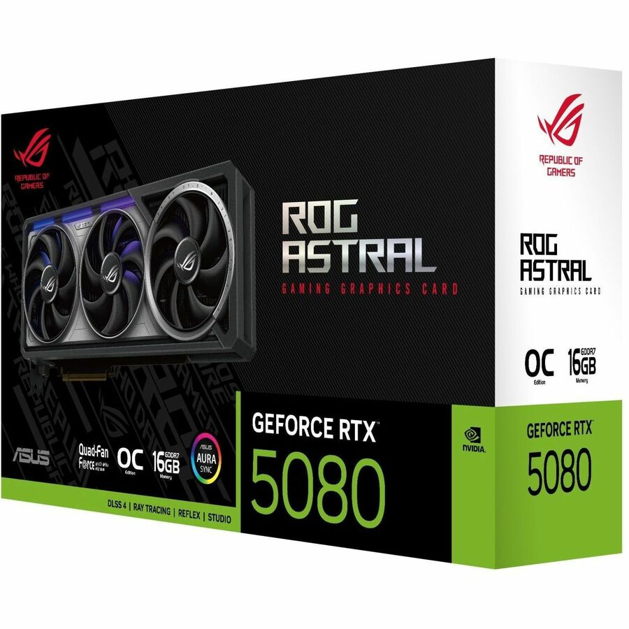 ROG ASTRAL gaming graphics card retail box featuring RTX 5080 and OC 16GB text