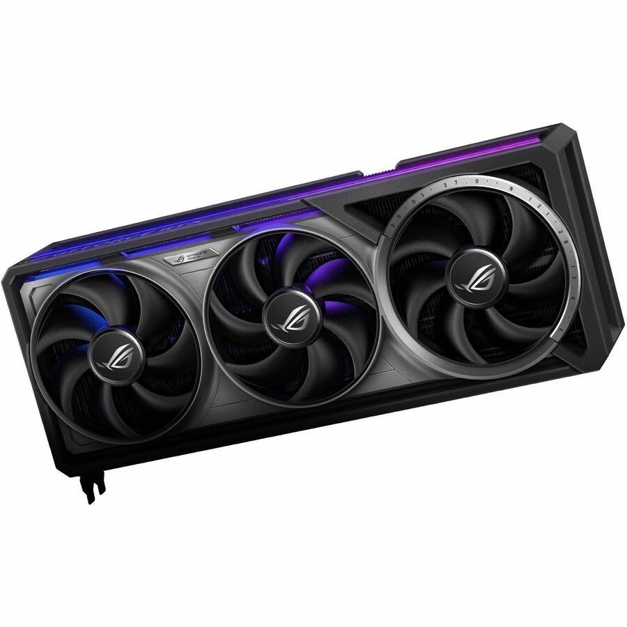 Triple-fan graphics card at angle, black and silver shroud with purple LED strip