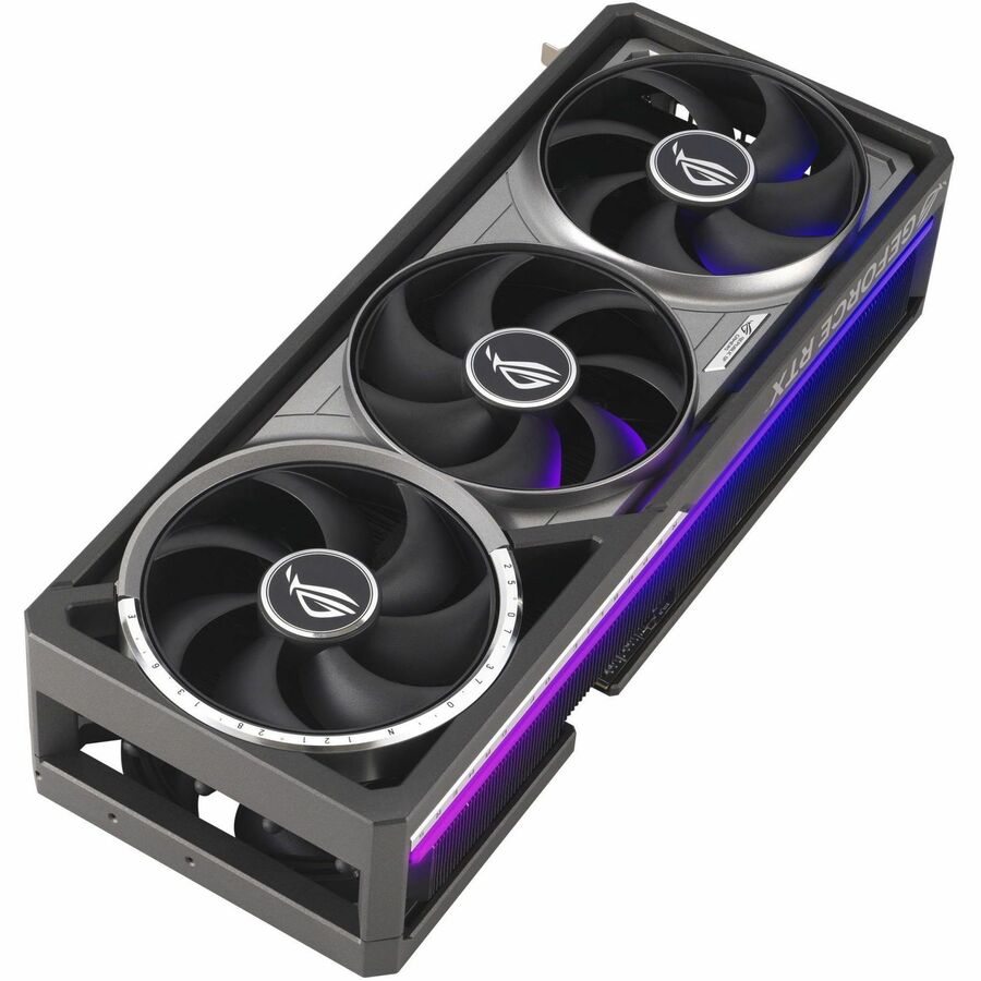 Graphics card angled with three black fans, silver rings, and purple edge lighting