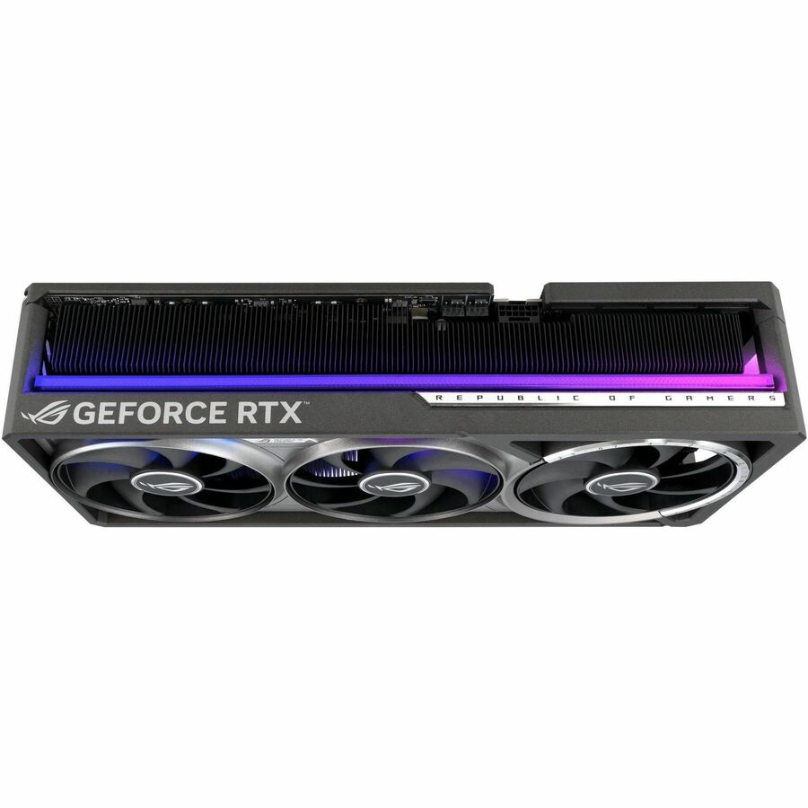 Graphics card front view with three fans and purple LED illumination