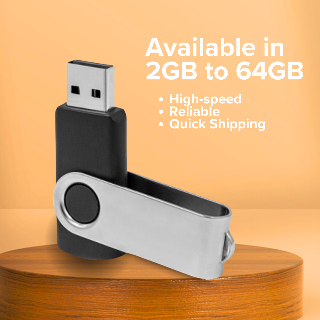 USB 2.0 flash drive with silver metal body and black swivel cap, front USB connector visible