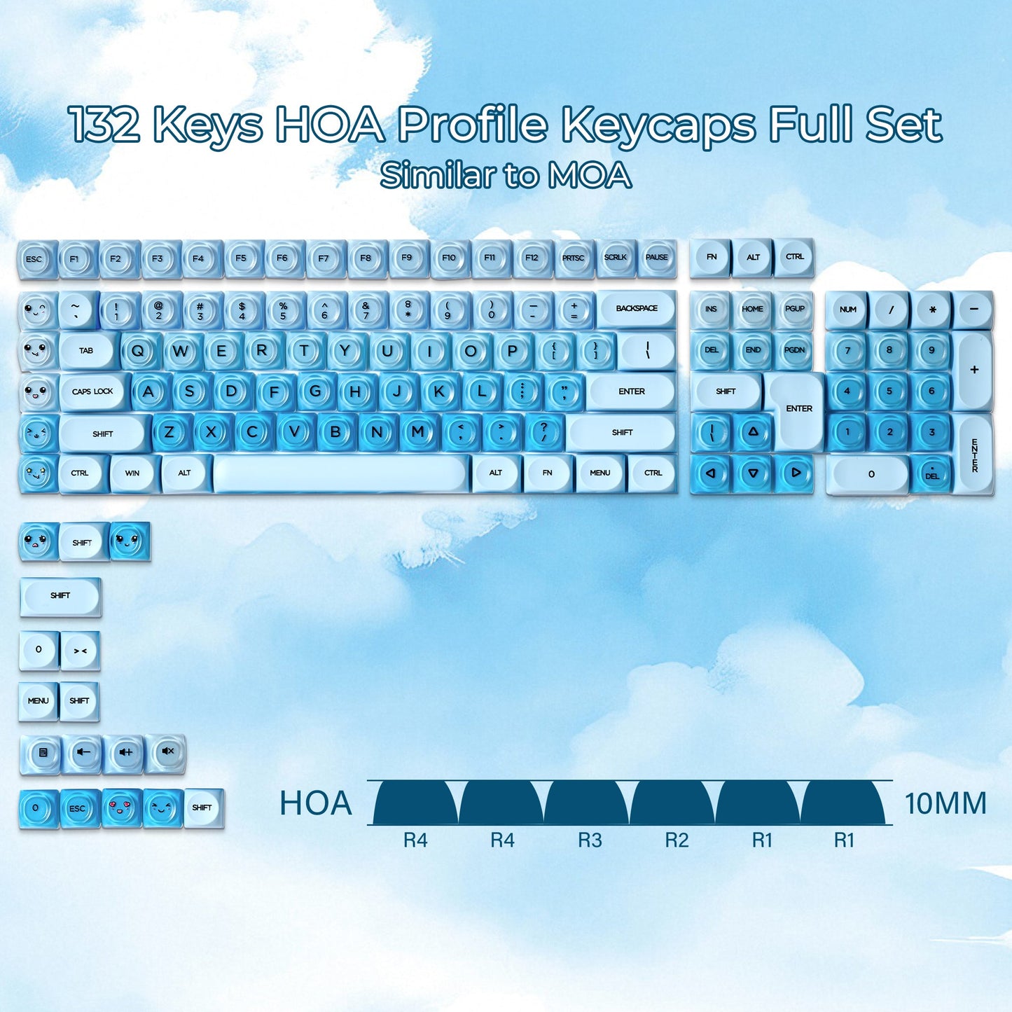 Translucent HOA profile keycap set, icy blue legends, full 132-key layout