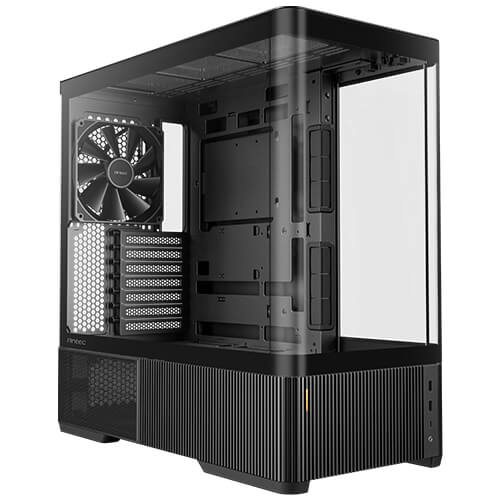 Black mid-tower PC case with open side panel, front fan and mesh ventilation