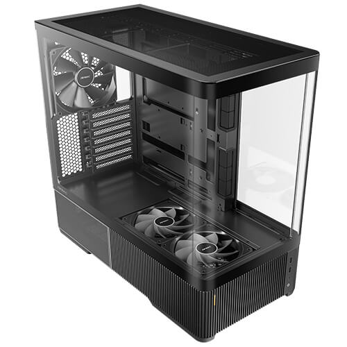 Black mid-tower PC case showing two front fans and open right side window