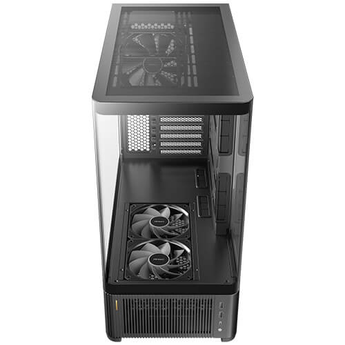 Black mid-tower PC case viewed from front, showing side mesh and two interior fans