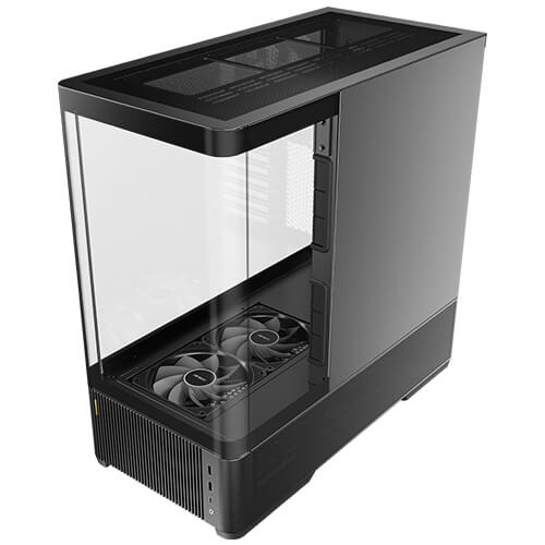Black mid-tower PC case from angled front, open side exposing two fans