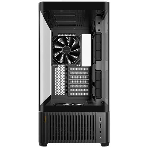 Black mid-tower PC case front view with large intake fan and perforated side panel
