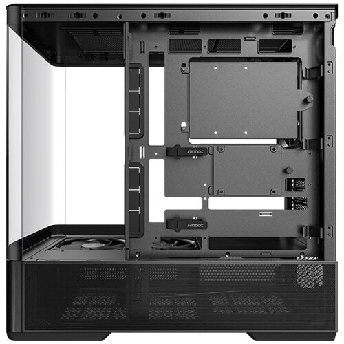 Black mid-tower PC case interior view with mounting tray and expansion cutouts