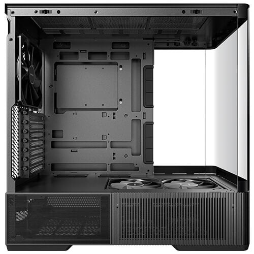 Black mid-tower PC case interior from front, motherboard tray and fan area