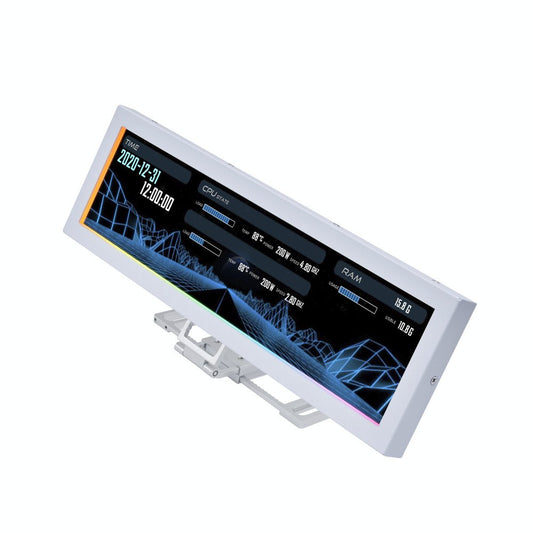 Universal PC screen with black display showing system stats and blue grid graphic