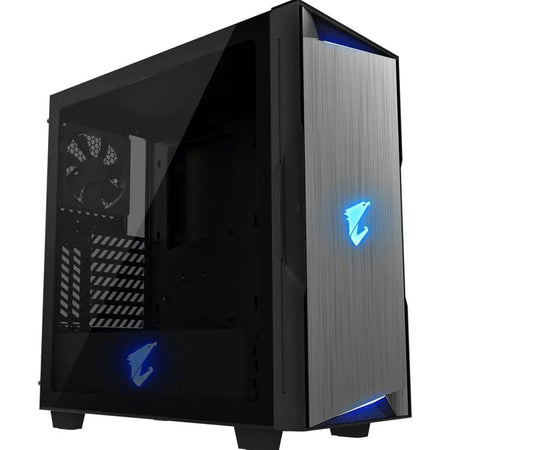 ATX mid-tower gaming PC case with black tempered glass side and blue LED accents