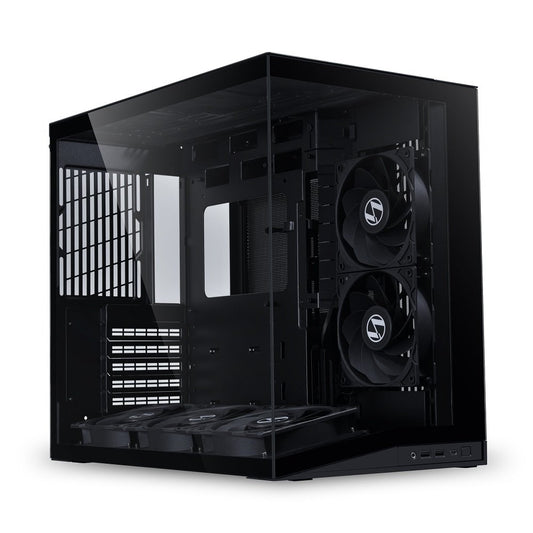 Open compact ATX computer case with dual front fans and visible internal mounts.