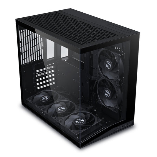 Compact ATX computer case with open panels, top vent mesh, and dual fan setup.