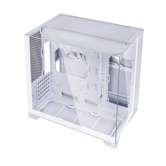 White computer case with open side, showing dual-chamber interior and fan mounts