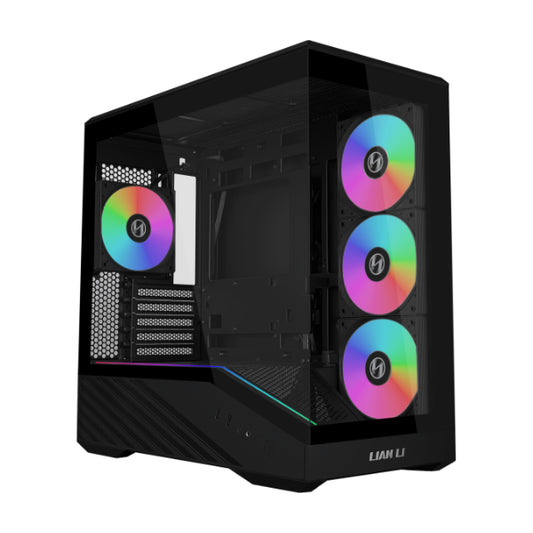 Black mini PC case with tempered glass, RGB ring fans