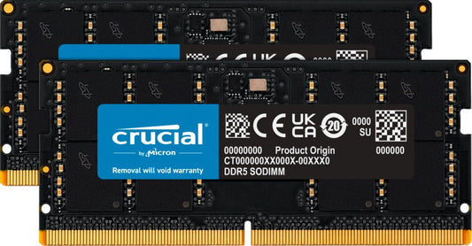 DDR5 SODIMM memory kit, black dual modules with Crucial label and gold edge contacts