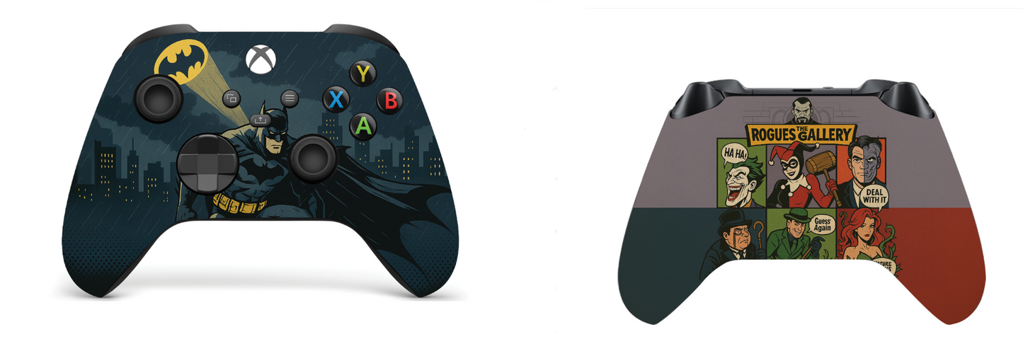 Xbox Series X/S wireless controller showing Batman front and Rogue's Gallery back prints