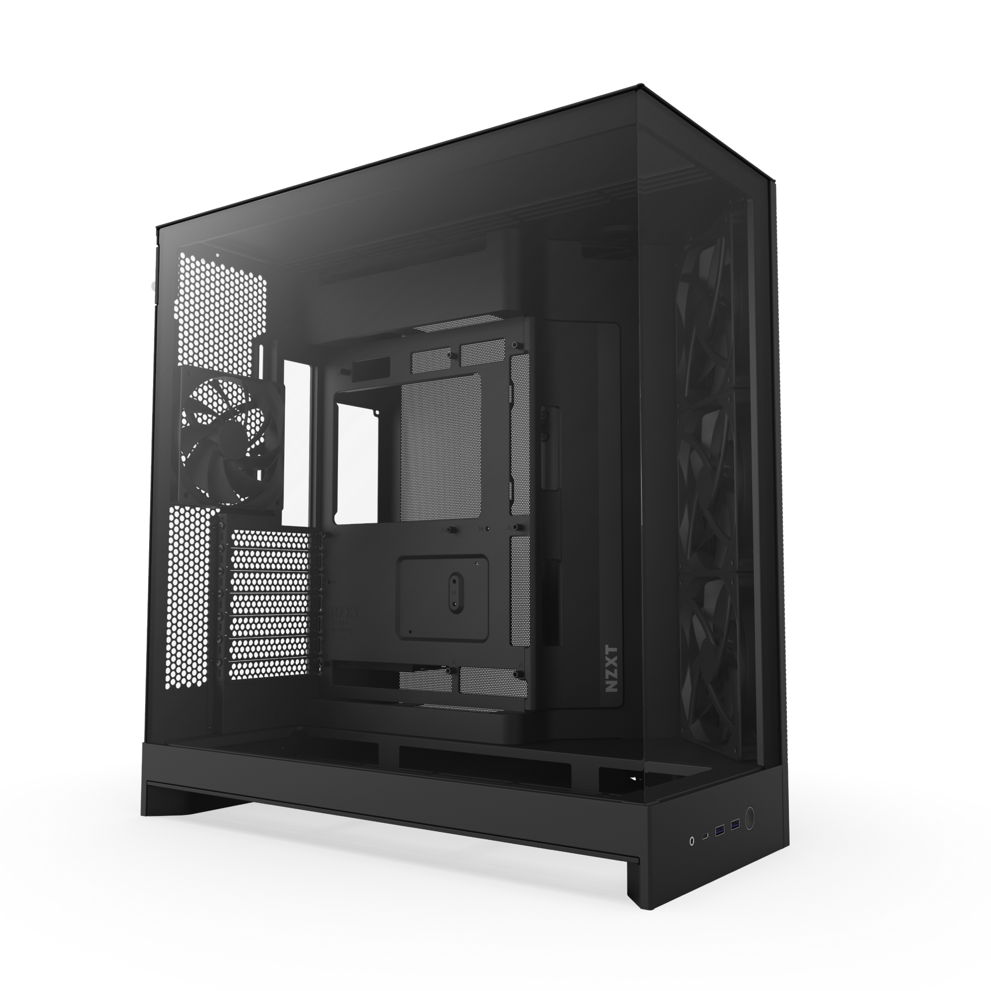 Black PC case with open side panel, front mesh intake, and internal fan mounts.