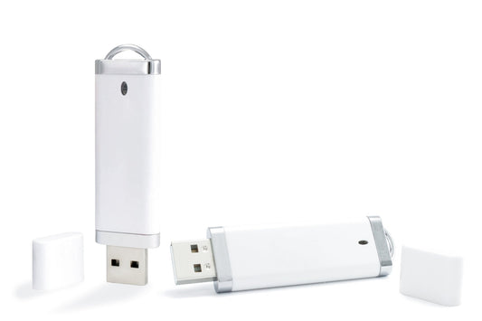 White unprinted USB 2.0 flash drive with swivel cap and metal keyring loop, side view