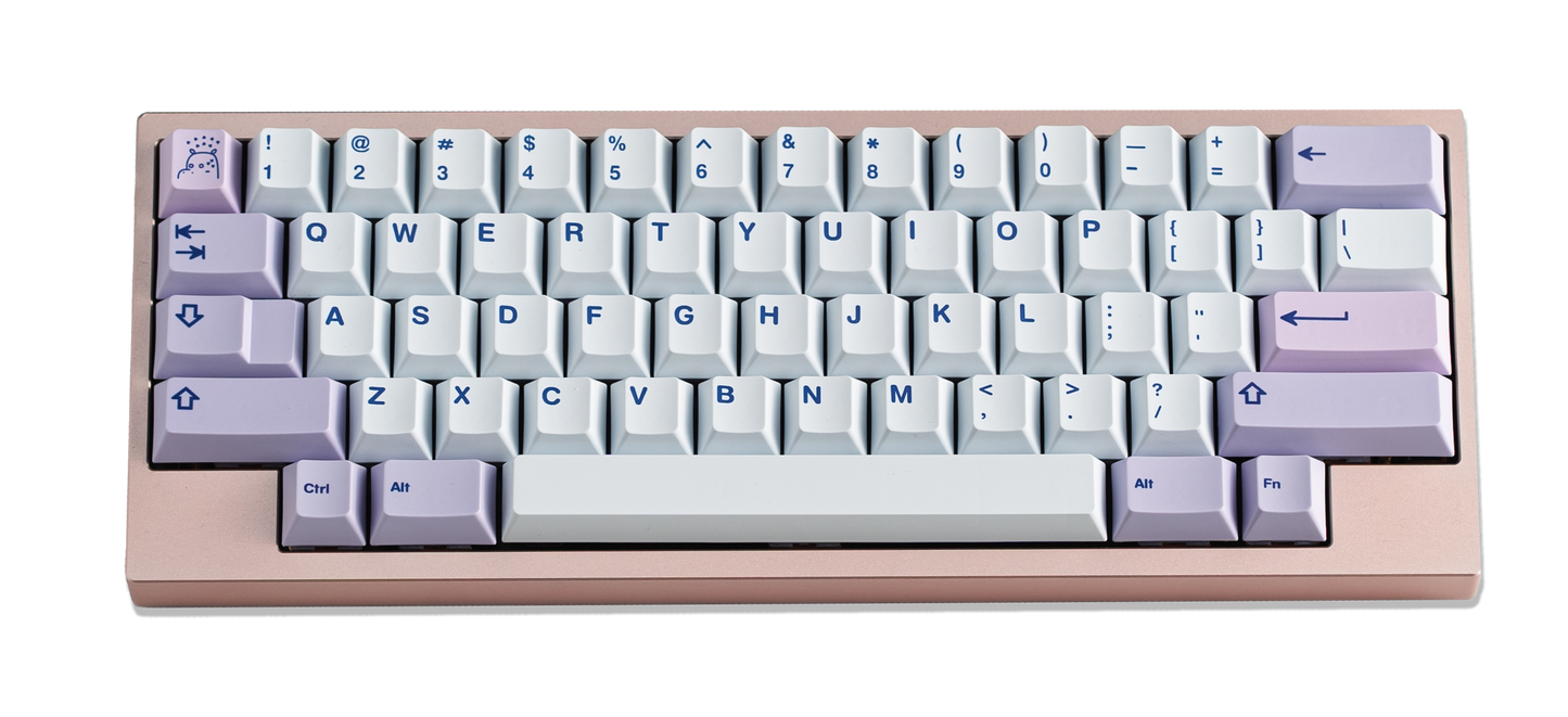 PBT keycap set with white keys and blue legends, lilac accent keycaps on base