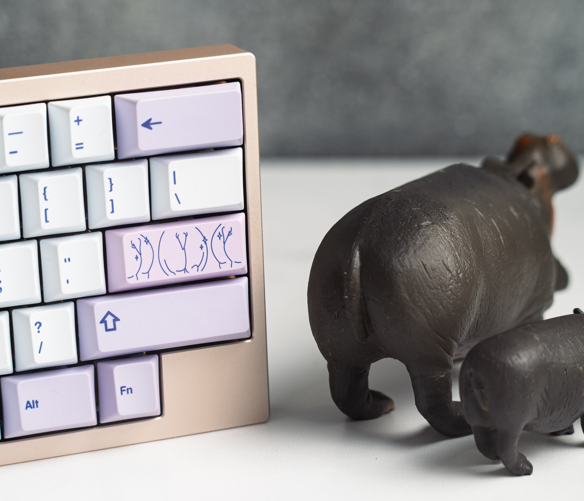 PBT keycap close-up with blue outline legends on light lilac keycaps