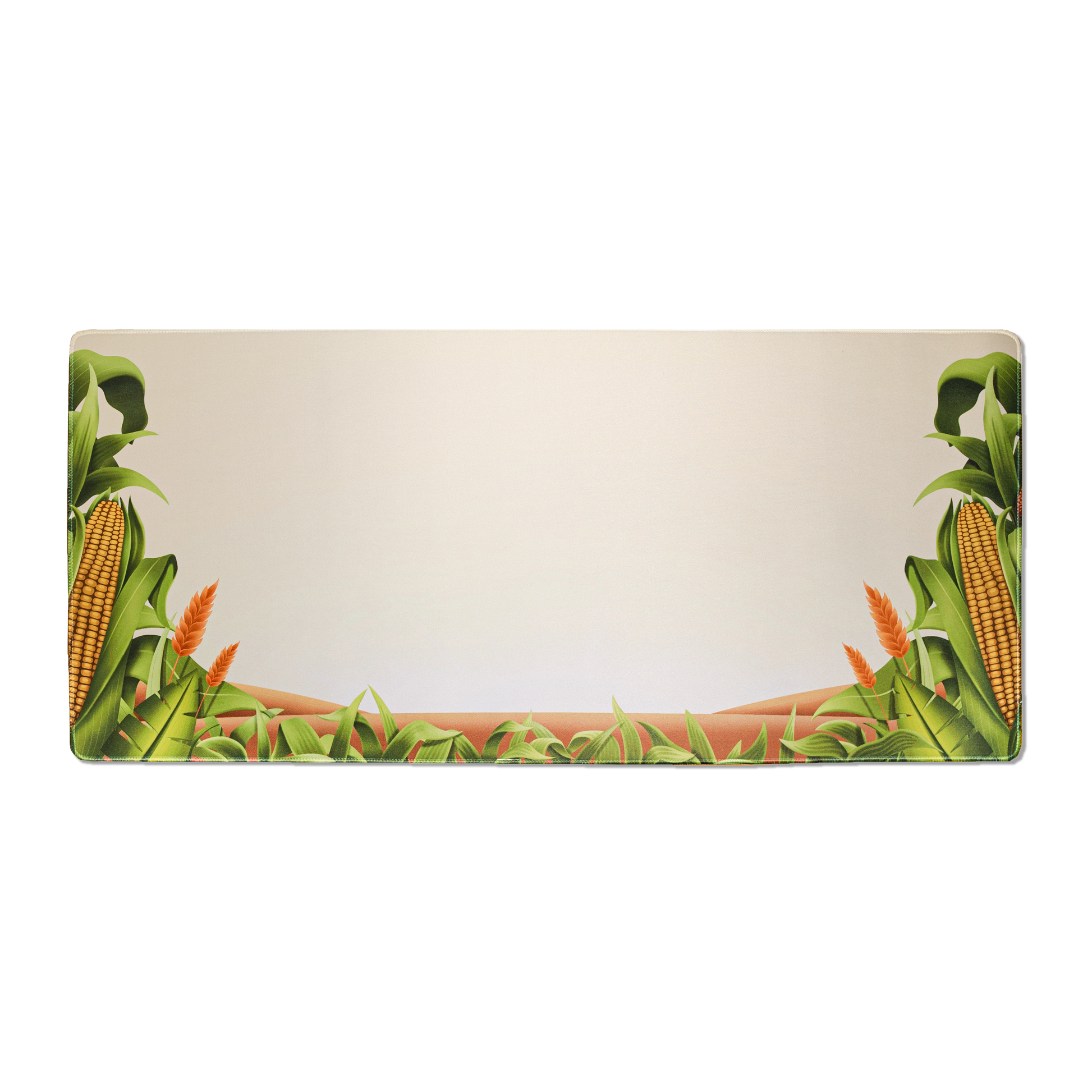 Rectangular desk mat with corn and leaf illustration border on cream base