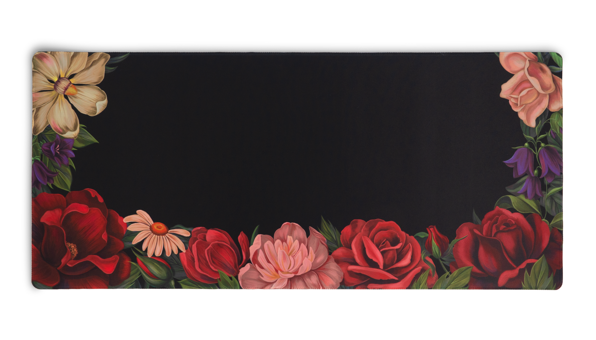 Floral Bloom desk mat with dark center and rose and flower border