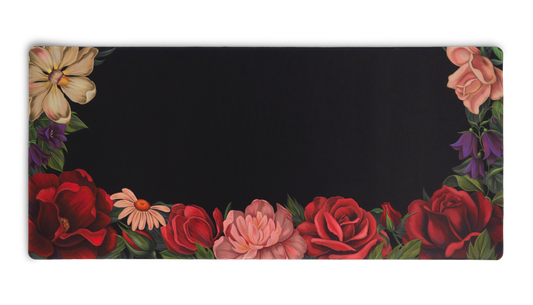 Floral Bloom desk mat with dark center and rose and flower border