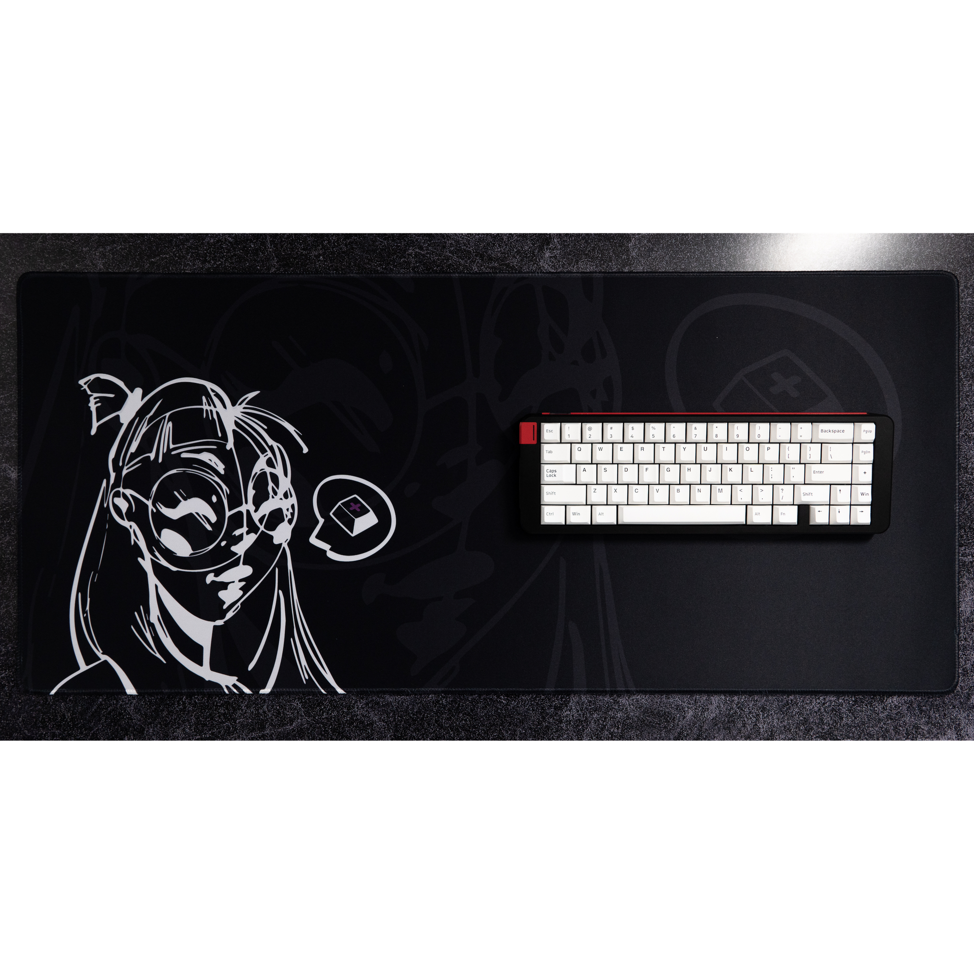 Large black desk mat with white anime portrait print and gaming icon