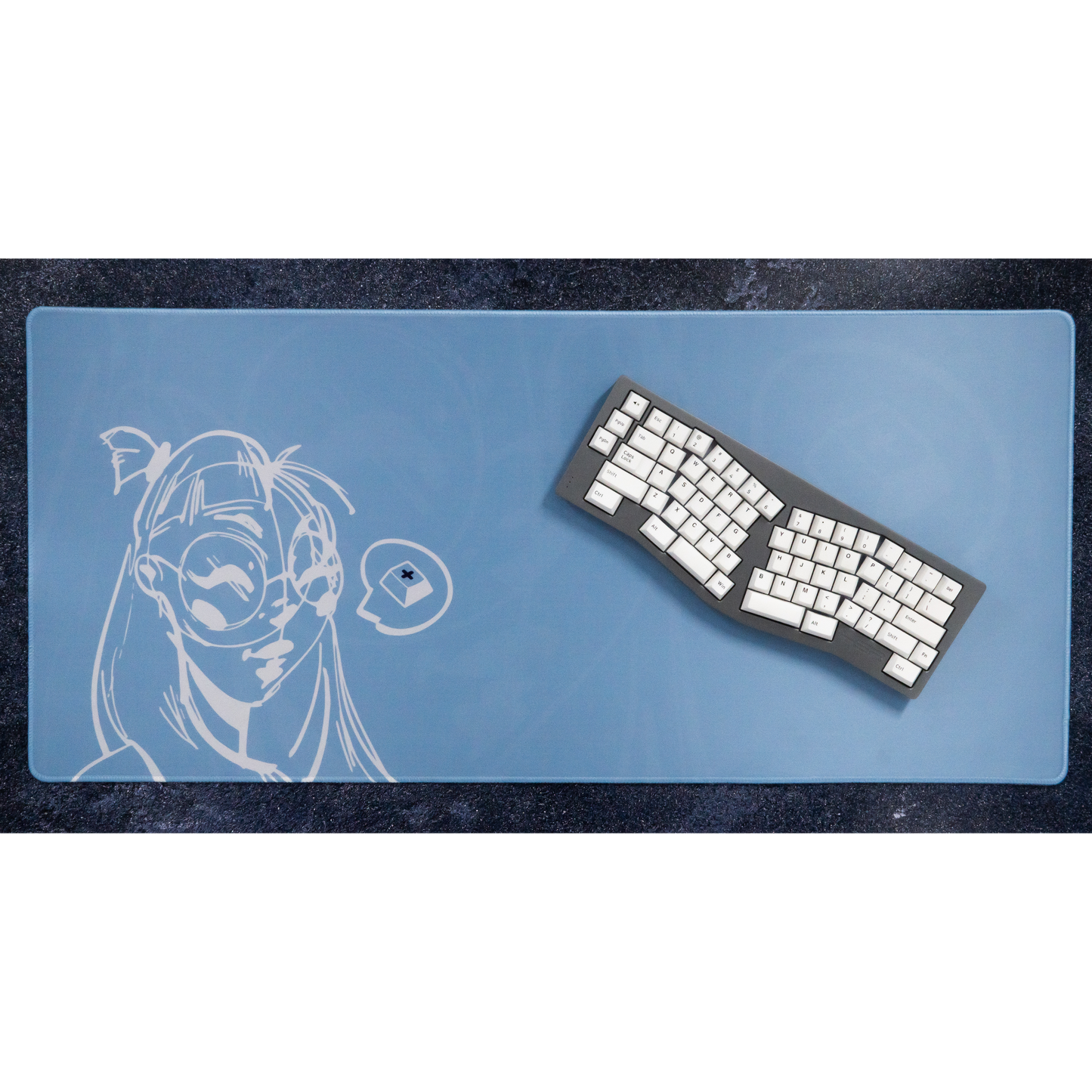 Light blue desk mat with white anime portrait and circular gaming icon print