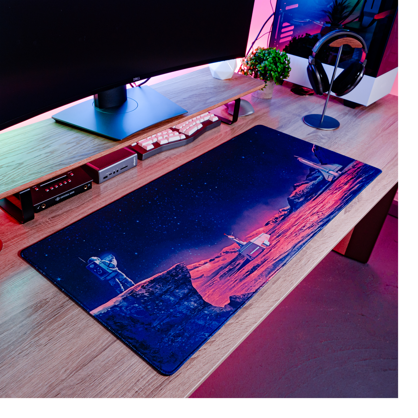 Rectangular desk mat with rounded edges, blue starry space print