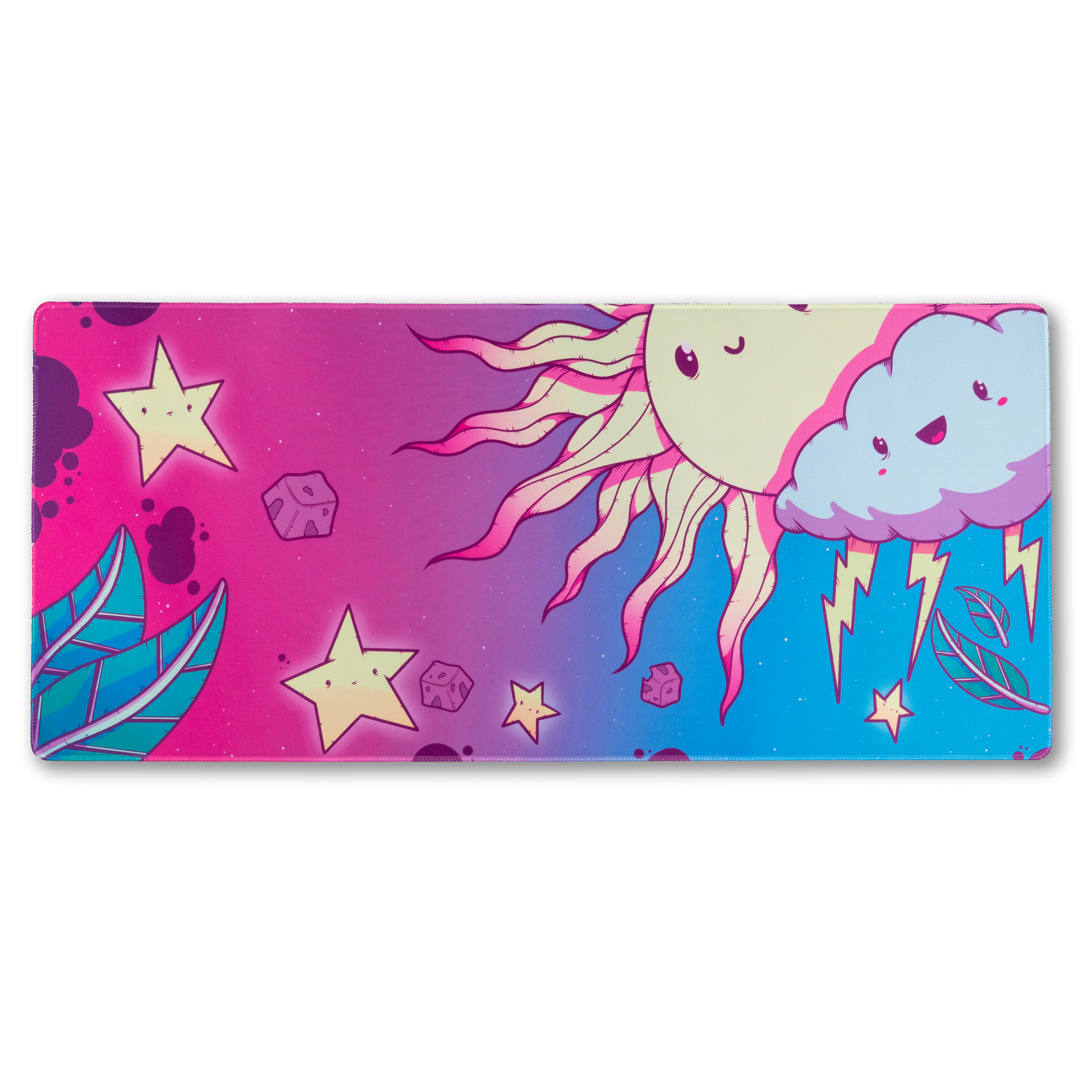 Rectangular cartoon desk mat with cloud character, stars, and lightning graphics