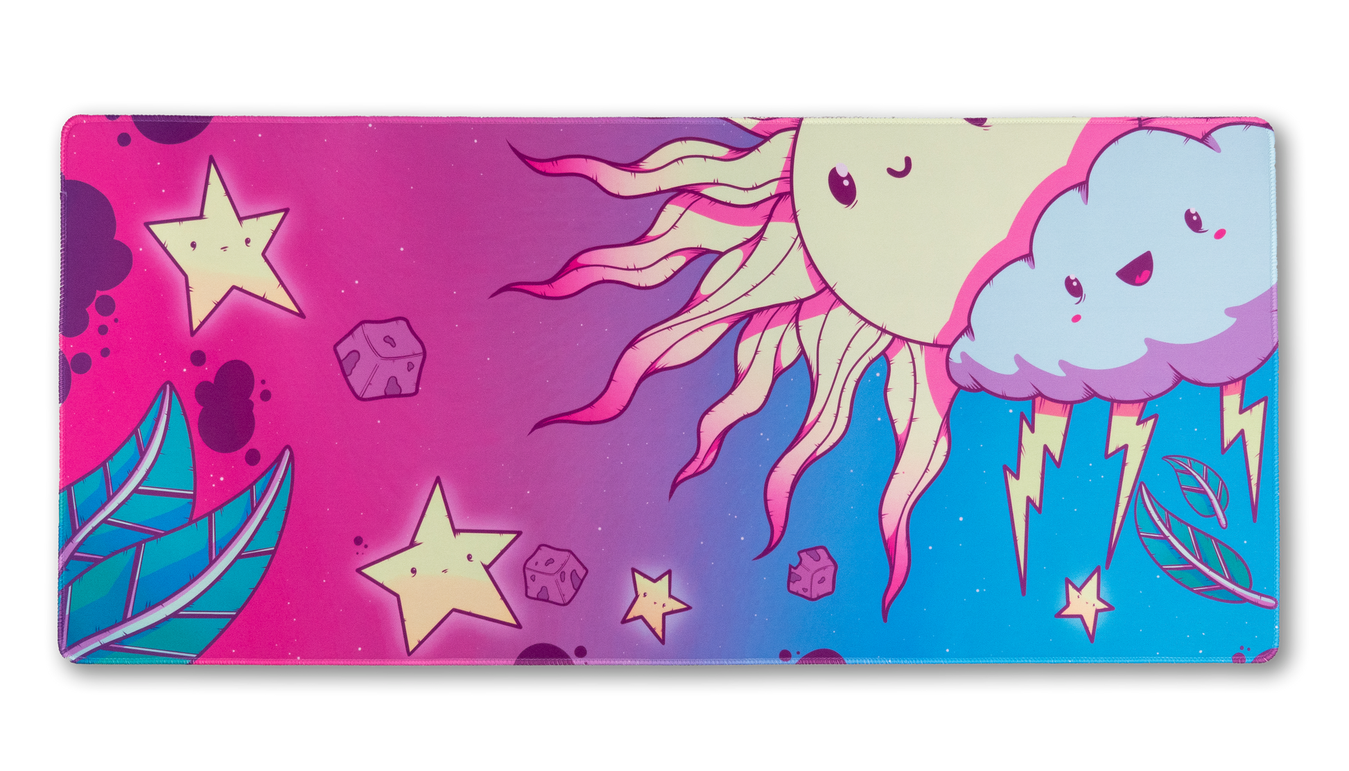 Cartoon desk mat with purple-blue gradient, cloud face, stars, and lightning details