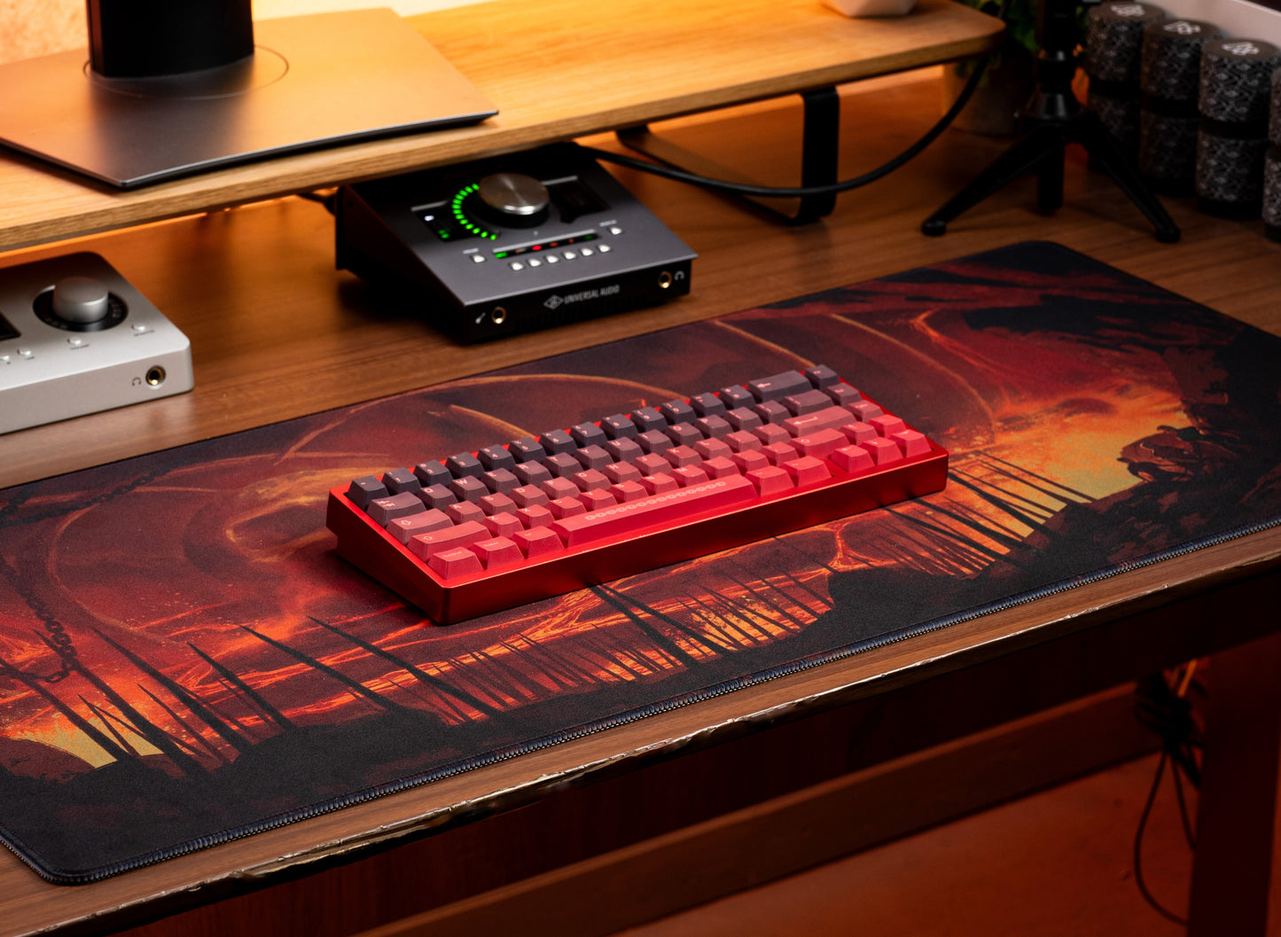 Red PBT keycaps on a keyboard, chained spacebar detail
