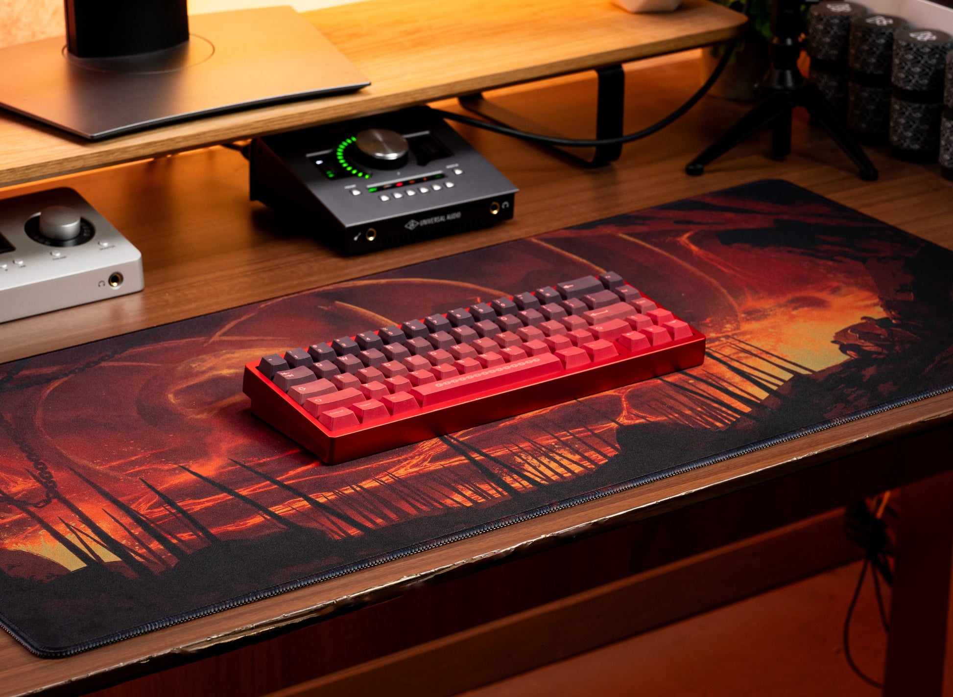 Red PBT keycaps on a keyboard, chained spacebar detail
