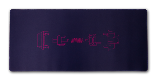 Desk mat with dark purple surface and pink circuit-style graphics