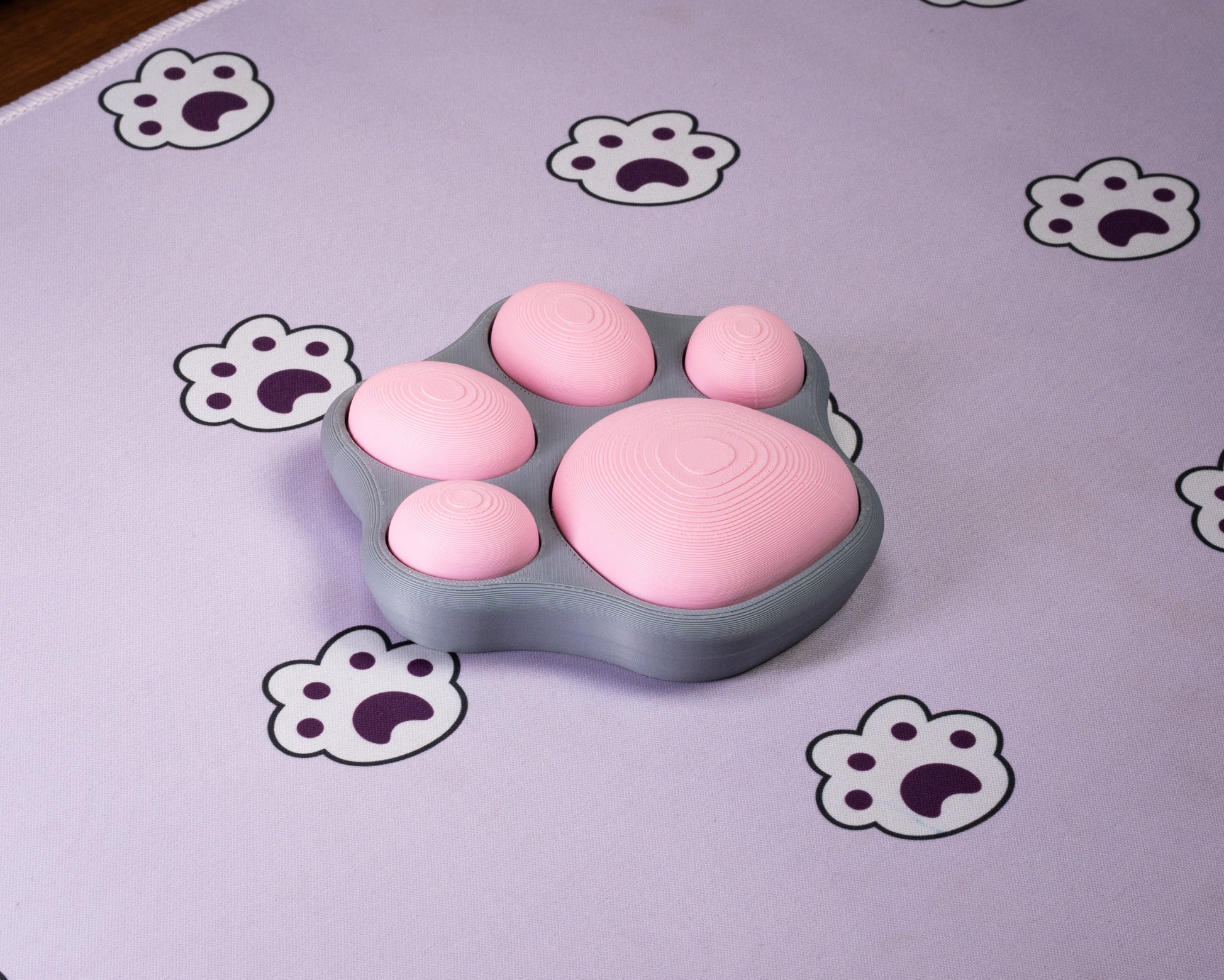 Cat-paw fidget with multiple pink ridged pads on a gray base