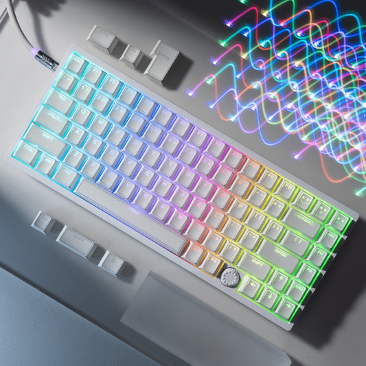 Cherry-profile PBT keycap set, blue-to-purple multicolor shine-through keycaps with legends.