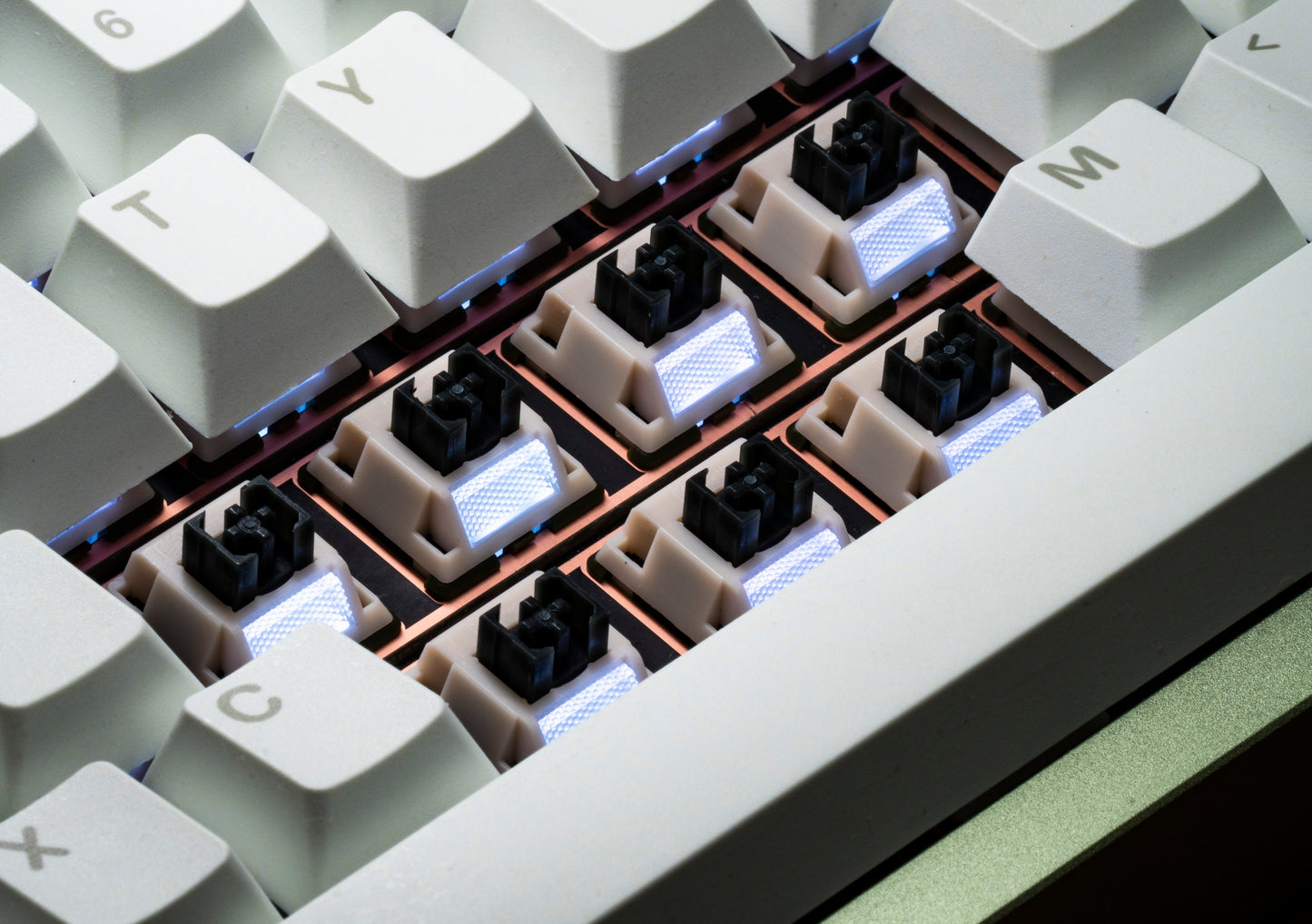 Set of tactile keyboard switches installed in a plate, with illuminated light diffusers