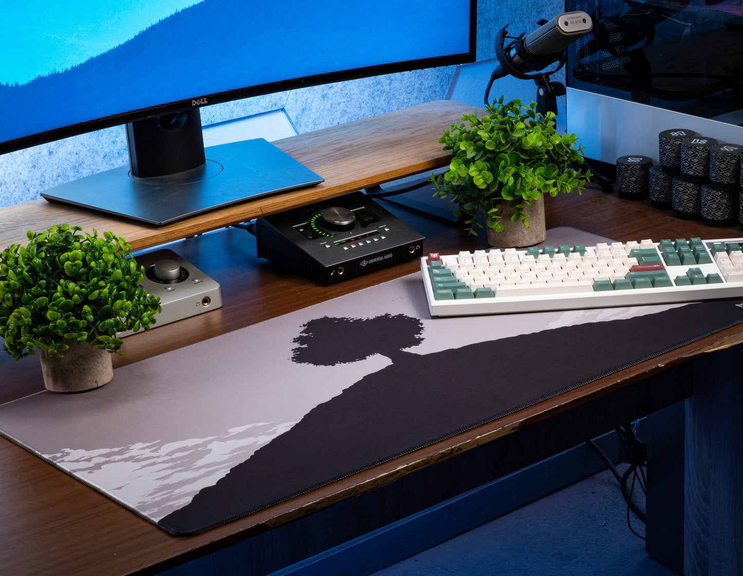 Tree of Life desk mat with landscape print and wide stitched border