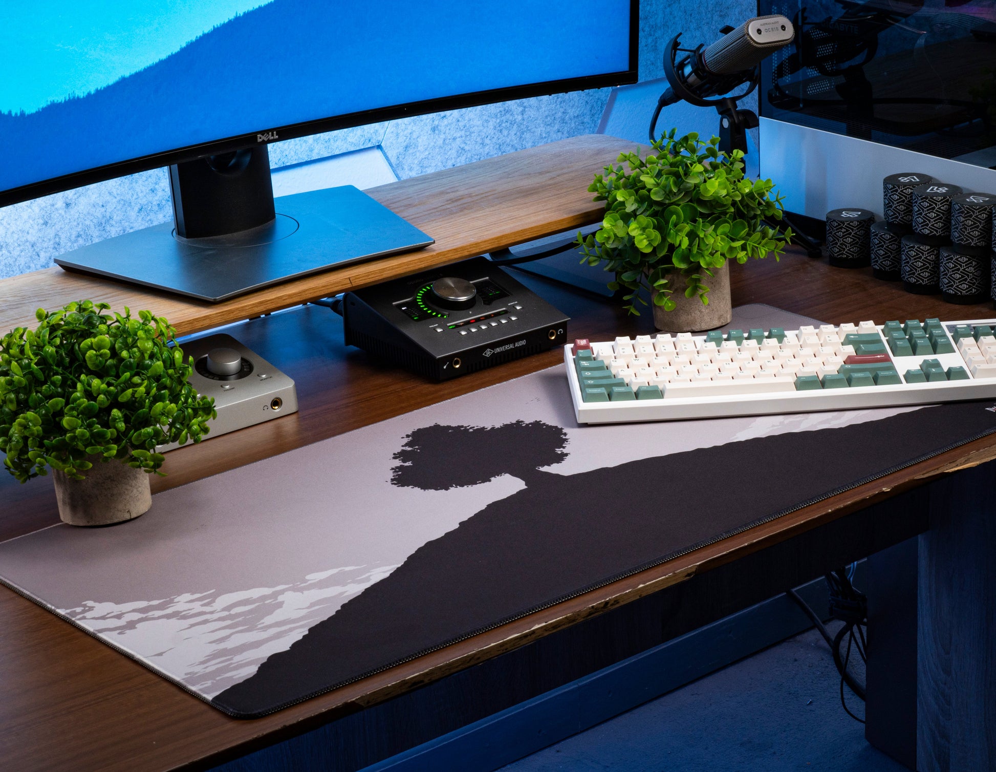 Tree of Life desk mat with landscape print and wide stitched border