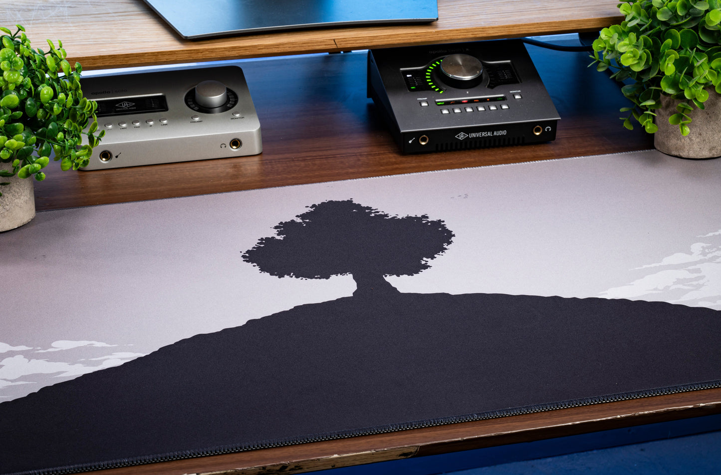 Tree of Life desk mat landscape center tree silhouette, flat edge stitching