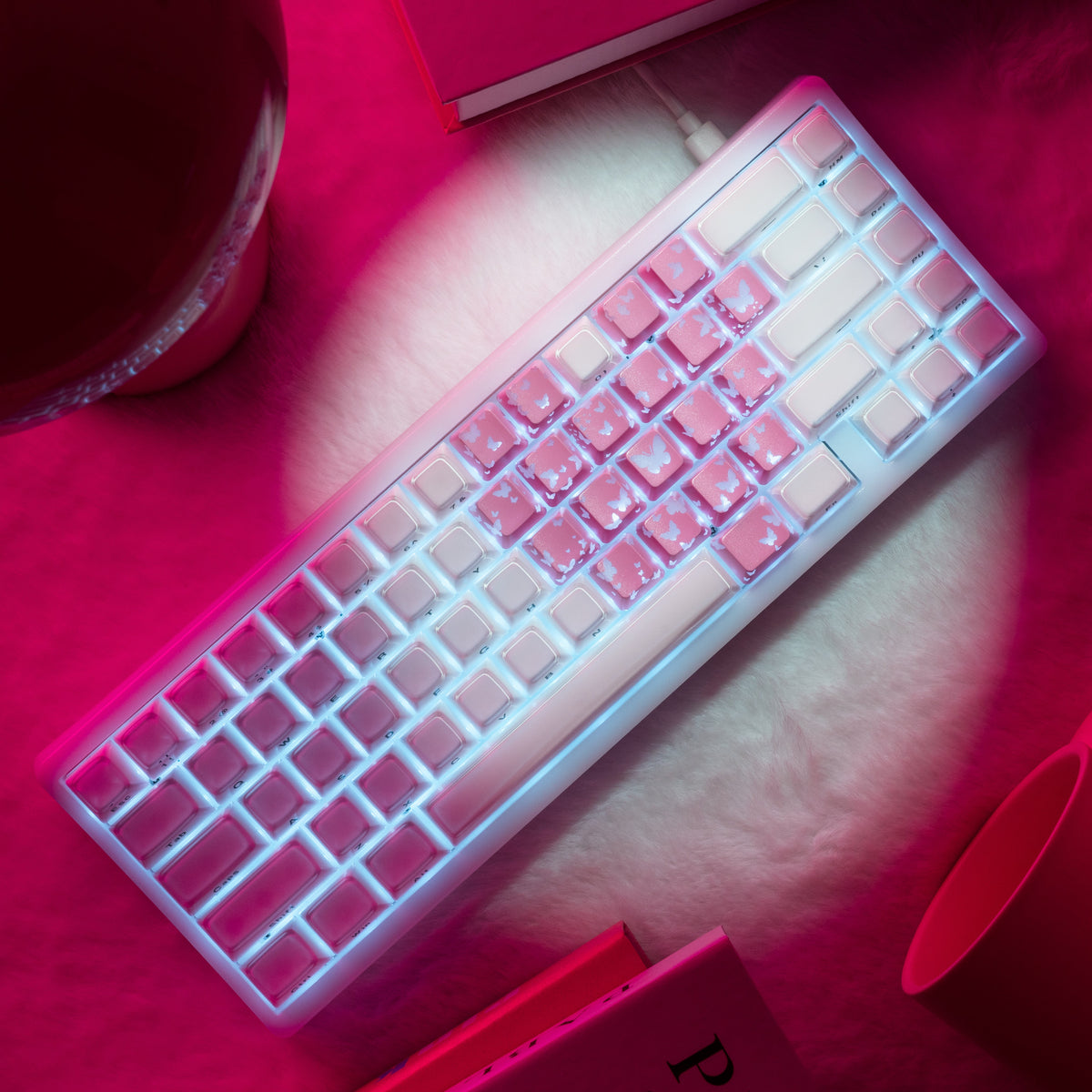 White keyboard keycap set with pink backlight and butterfly cutout motifs