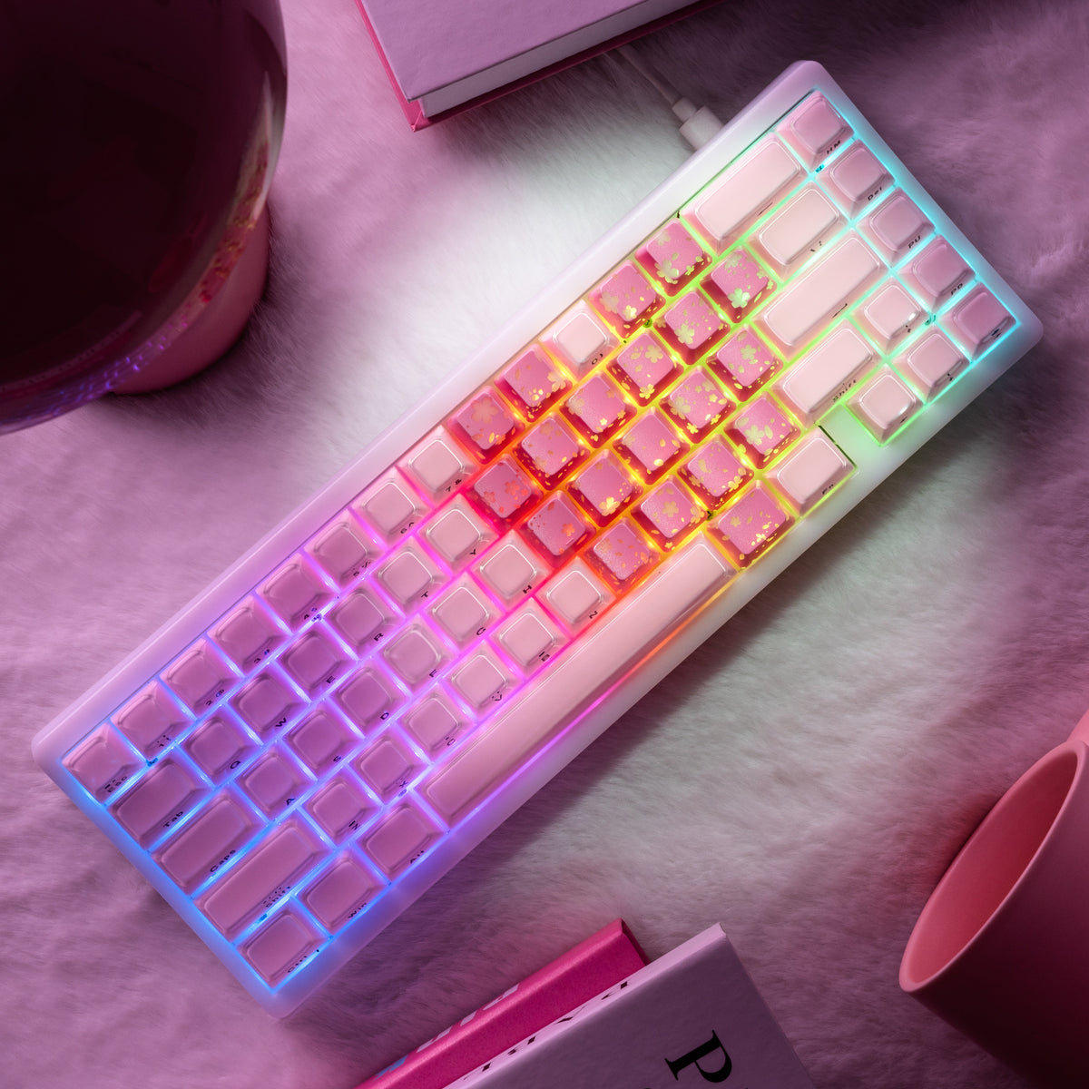 21-key iridescent keyboard keycap set with heart pattern, translucent rainbow finish