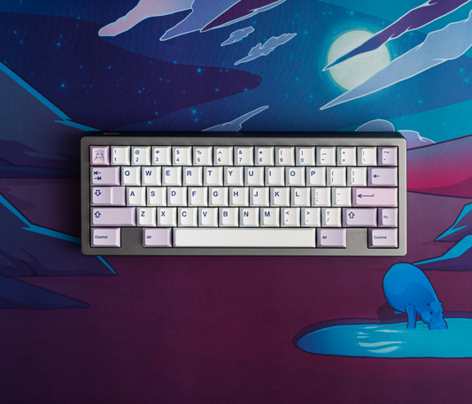 PBT keycap set with purple and white legends, full QWERTY layout