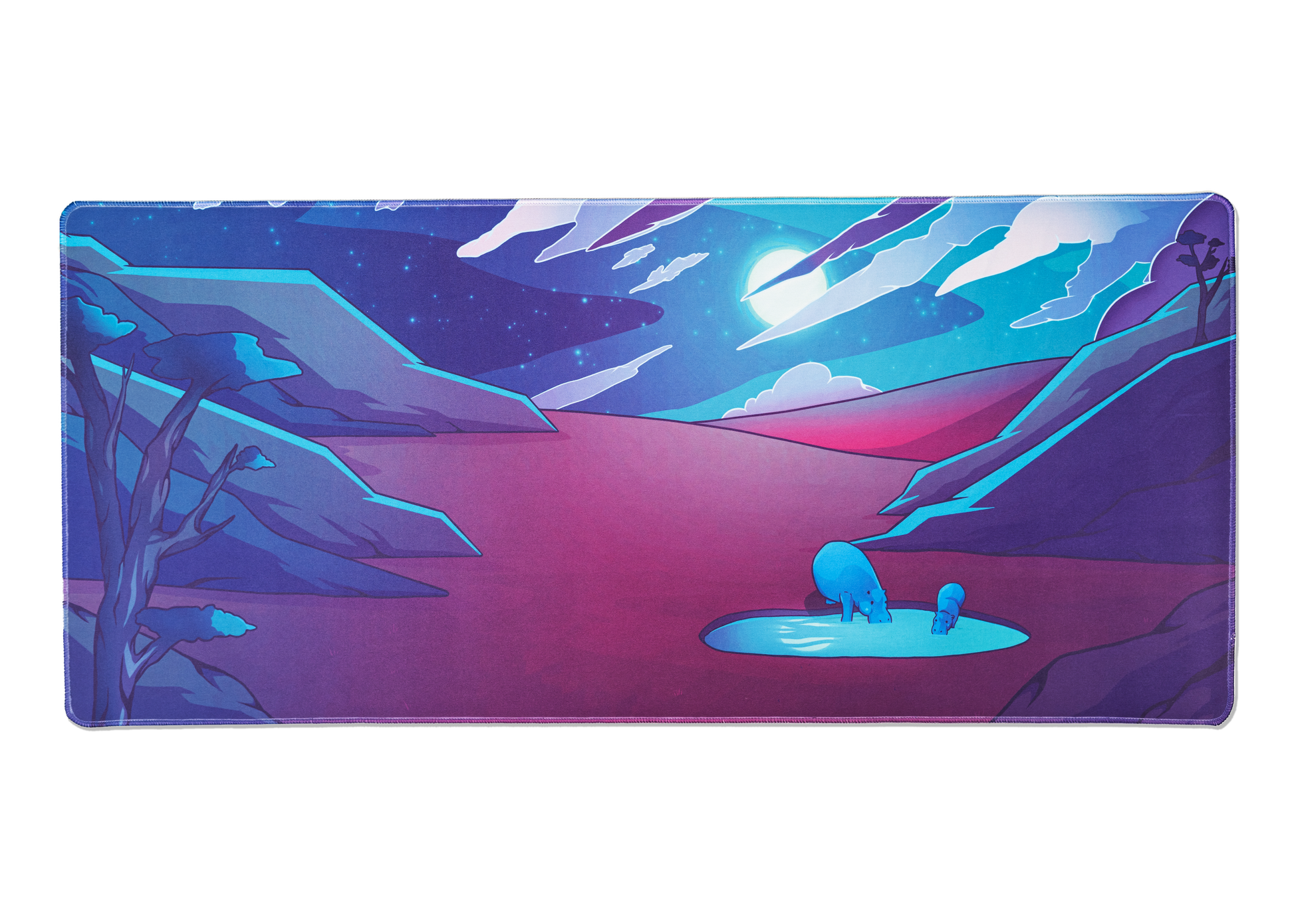 Desk mat with neon sci-fi landscape, blue creatures, and glowing puddle