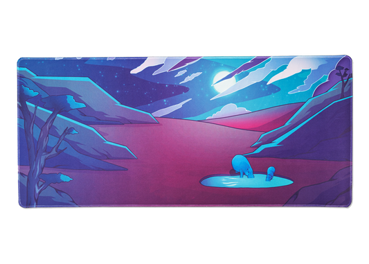 Desk mat with neon sci-fi landscape, blue creatures, and glowing puddle