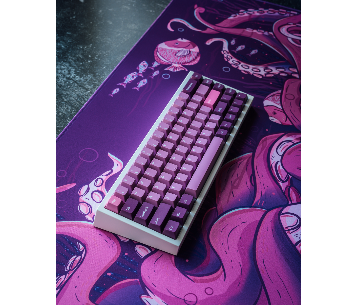 Octopus desk mat with purple border and underwater octopus illustration
